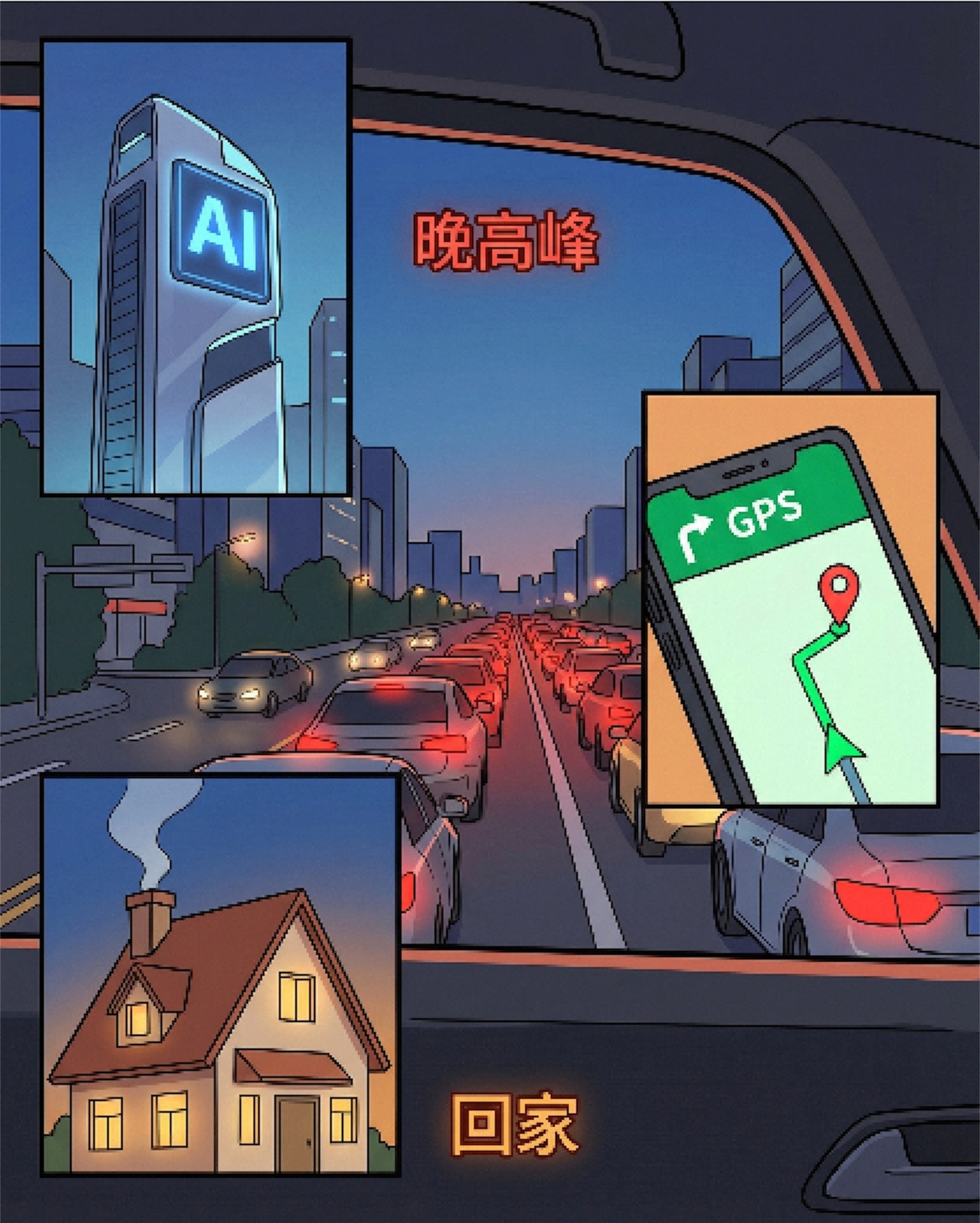 晚高峰的城市剪影，忙碌一天后的小小喘息时间。